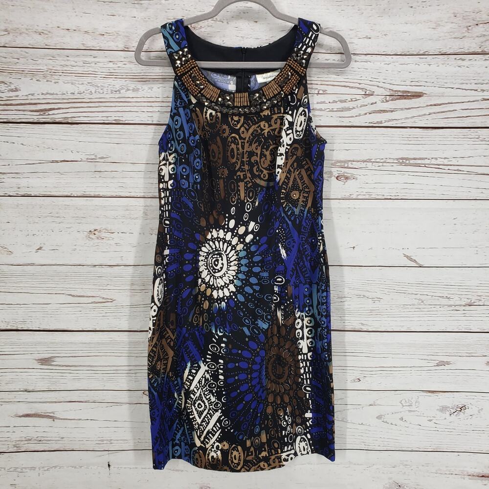 Dress Barn Women's Blue Brown Print Beaded Sleeveless Sheath Dress Size 8